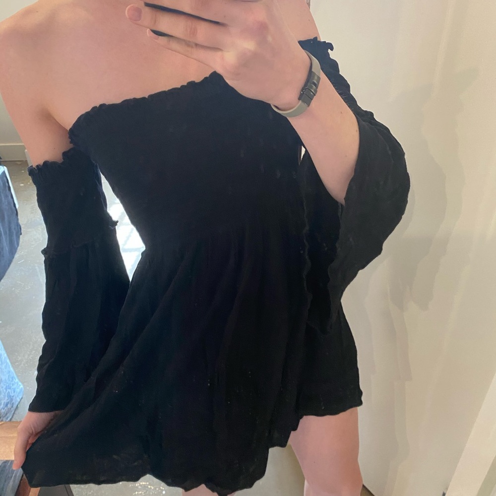 Off the shoulder black linen dress